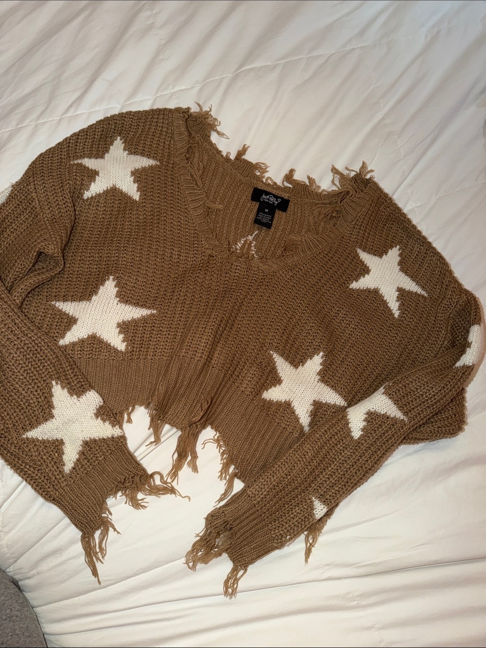 Free People Tan Crochet Star Crop Sweater with White Stars